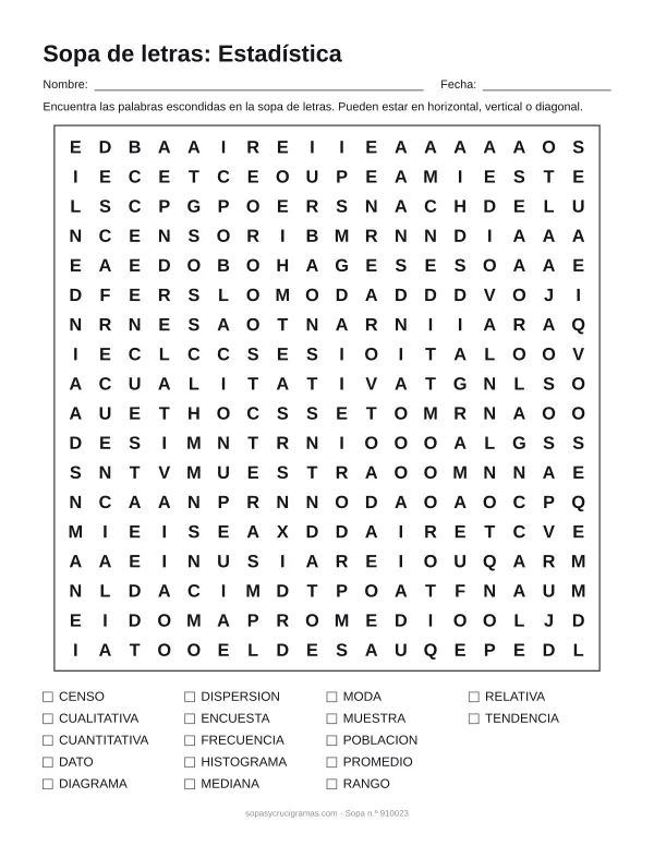 Hoja para imprimir de la sopa de letras de estadística: cuadrícula de 18 × 18 letras con 17 palabras escondidas, renglones para nombre y fecha y la lista de palabras para tachar.