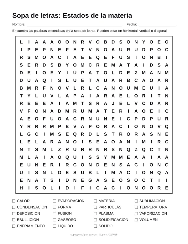 Hoja para imprimir de la sopa de letras de los estados de la materia: cuadrícula de 20 × 20 letras con 19 palabras escondidas, renglones para nombre y fecha y la lista de palabras para tachar.
