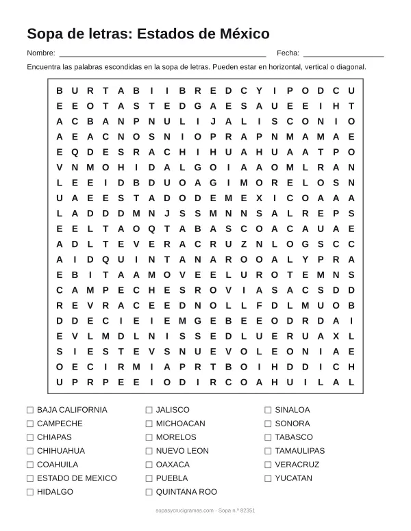 Hoja para imprimir de la sopa de letras de los estados de México: cuadrícula de 20 × 20 letras con 20 palabras escondidas, renglones para nombre y fecha y la lista de palabras para tachar.