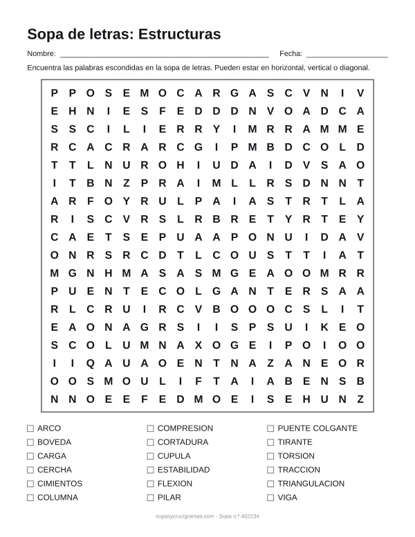 Hoja para imprimir de la sopa de letras de estructuras: cuadrícula de 18 × 18 letras con 18 palabras escondidas, renglones para nombre y fecha y la lista de palabras para tachar.