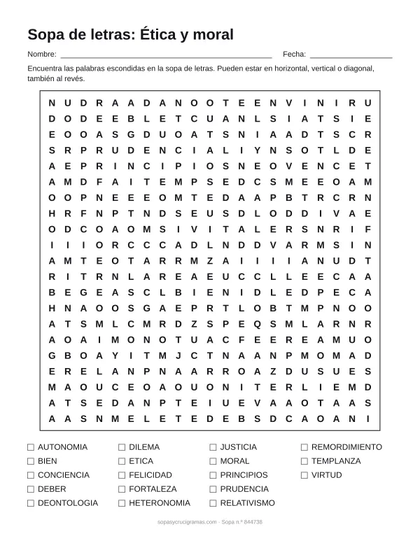 Hoja para imprimir de la sopa de letras de ética y moral: cuadrícula de 21 × 21 letras con 18 palabras escondidas, renglones para nombre y fecha y la lista de palabras para tachar.