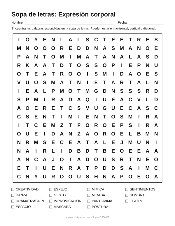 Hoja para imprimir de la sopa de letras de expresión corporal: cuadrícula de 17 × 17 letras con 15 palabras escondidas, renglones para nombre y fecha y la lista de palabras para tachar.