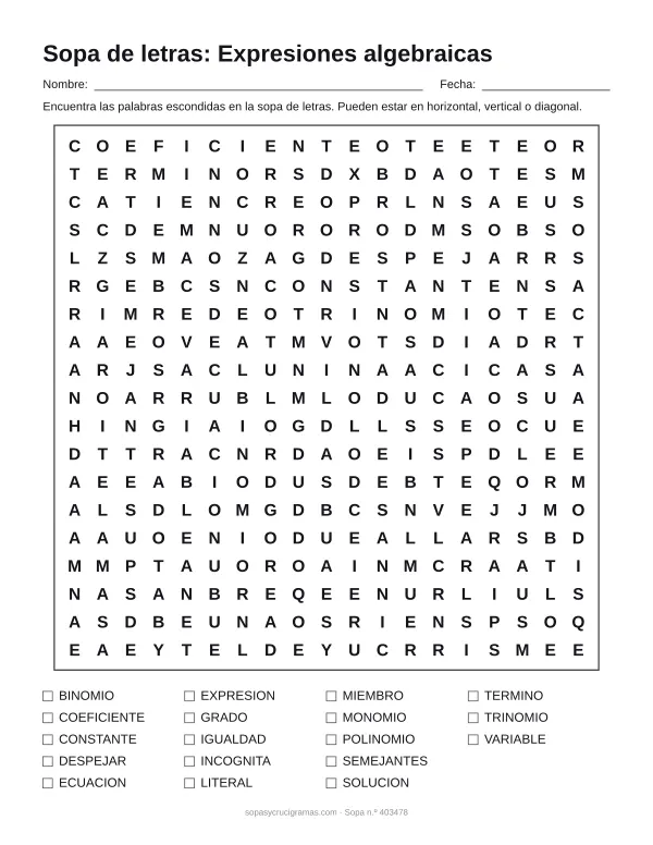Hoja para imprimir de la sopa de letras de álgebra: cuadrícula de 19 × 19 letras con 18 palabras escondidas, renglones para nombre y fecha y la lista de palabras para tachar.