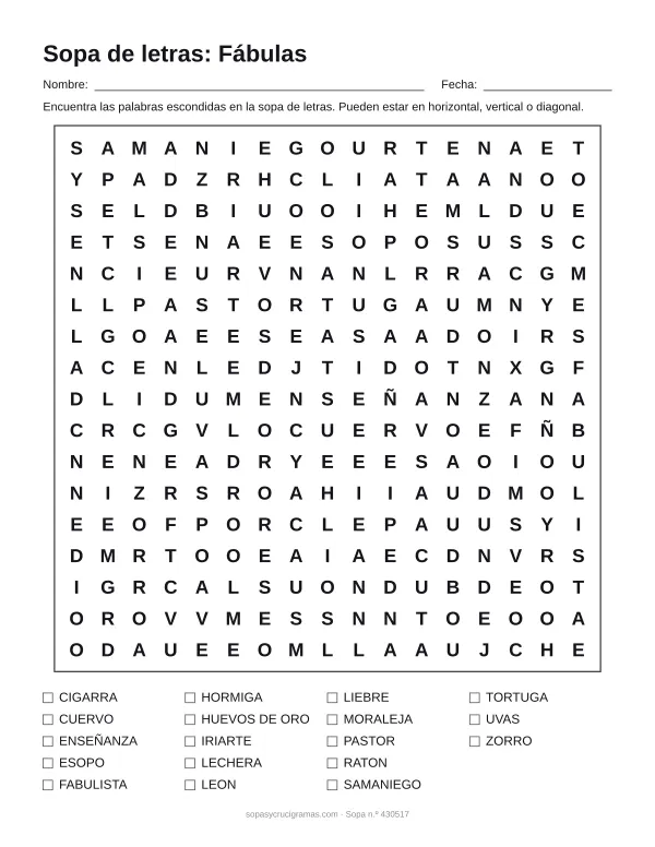 Hoja para imprimir de la sopa de letras de fábulas: cuadrícula de 17 × 17 letras con 18 palabras escondidas, renglones para nombre y fecha y la lista de palabras para tachar.