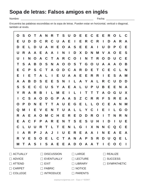 Hoja para imprimir de la sopa de letras de falsos amigos en inglés: cuadrícula de 20 × 20 letras con 18 palabras escondidas, renglones para nombre y fecha y la lista de palabras para tachar.