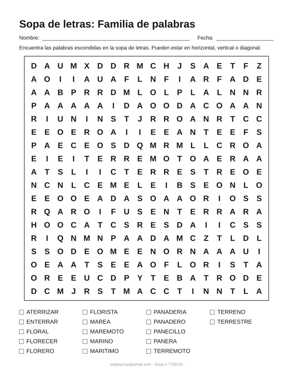 Hoja para imprimir de la sopa de letras de familias de palabras: cuadrícula de 18 × 18 letras con 17 palabras escondidas, renglones para nombre y fecha y la lista de palabras para tachar.