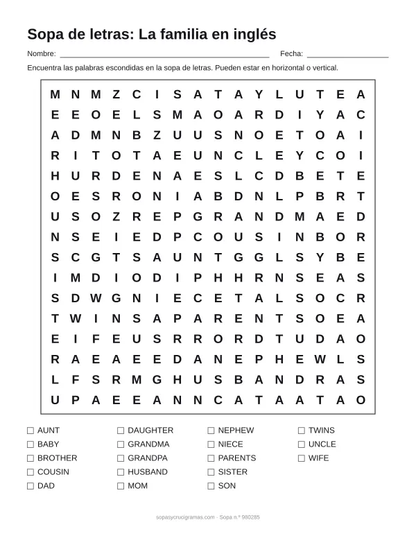 Hoja para imprimir de la sopa de letras de la familia en inglés: cuadrícula de 16 × 16 letras con 18 palabras escondidas, renglones para nombre y fecha y la lista de palabras para tachar.
