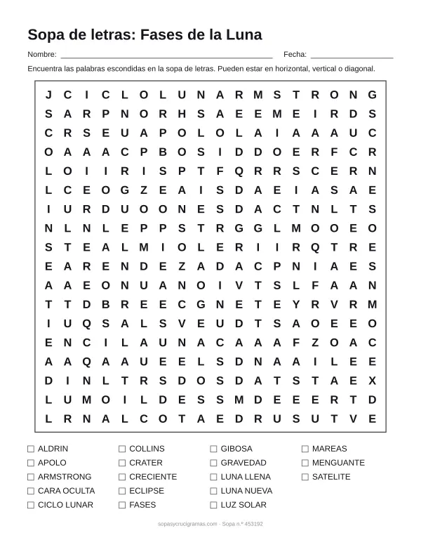Hoja para imprimir de la sopa de letras de las fases de la Luna: cuadrícula de 18 × 18 letras con 18 palabras escondidas, renglones para nombre y fecha y la lista de palabras para tachar.