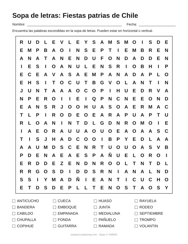 Hoja para imprimir de la sopa de letras de fiestas patrias de Chile: cuadrícula de 19 × 19 letras con 20 palabras escondidas, renglones para nombre y fecha y la lista de palabras para tachar.
