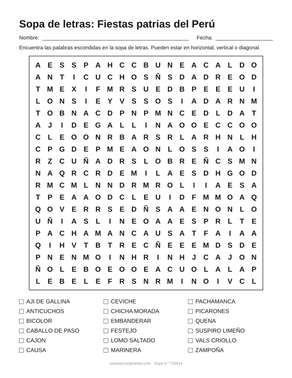 Hoja para imprimir de la sopa de letras de las fiestas patrias del Perú: cuadrícula de 19 × 19 letras con 18 palabras escondidas, renglones para nombre y fecha y la lista de palabras para tachar.
