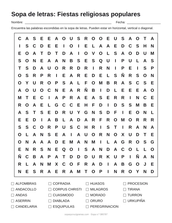 Hoja para imprimir de la sopa de letras de fiestas religiosas populares: cuadrícula de 19 × 19 letras con 19 palabras escondidas, renglones para nombre y fecha y la lista de palabras para tachar.