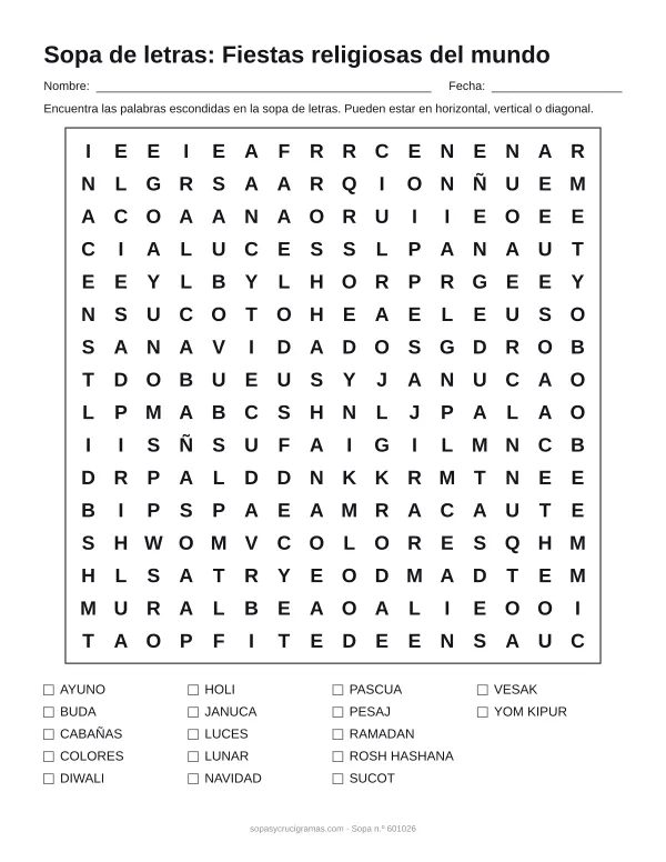 Hoja para imprimir de la sopa de letras de fiestas religiosas del mundo: cuadrícula de 16 × 16 letras con 17 palabras escondidas, renglones para nombre y fecha y la lista de palabras para tachar.