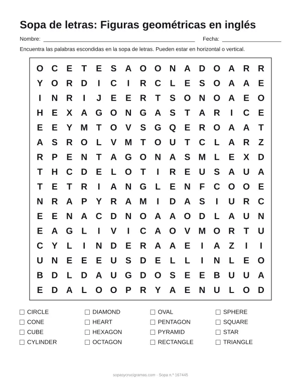 Hoja para imprimir de la sopa de letras de figuras en inglés: cuadrícula de 16 × 16 letras con 16 palabras escondidas, renglones para nombre y fecha y la lista de palabras para tachar.