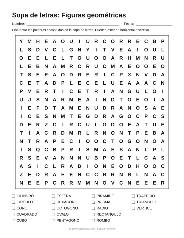 Hoja para imprimir de la sopa de letras de figuras geométricas: cuadrícula de 18 × 18 letras con 18 palabras escondidas, renglones para nombre y fecha y la lista de palabras para tachar.