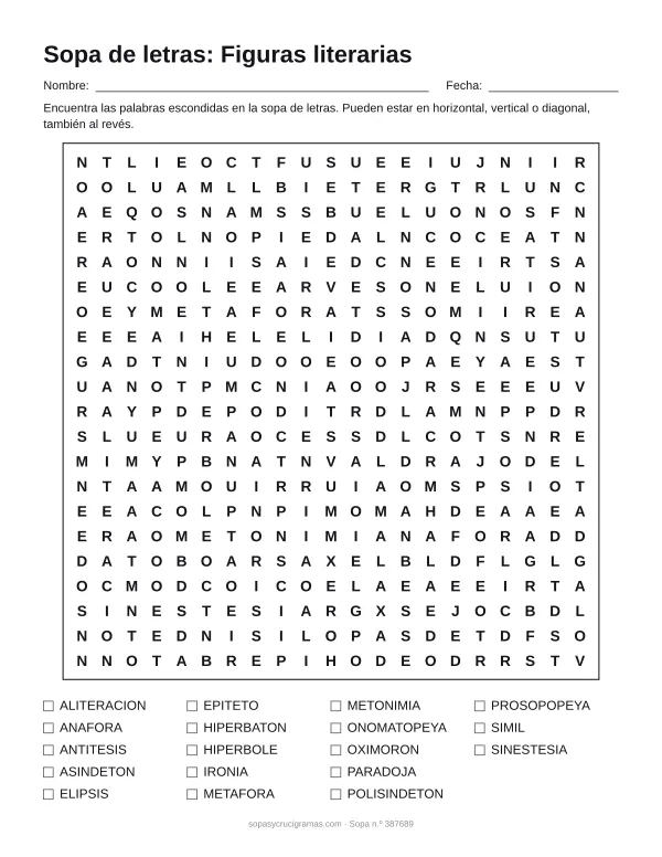 Hoja para imprimir de la sopa de letras de figuras literarias: cuadrícula de 21 × 21 letras con 18 palabras escondidas, renglones para nombre y fecha y la lista de palabras para tachar.