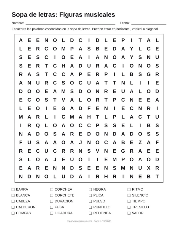 Hoja para imprimir de la sopa de letras de figuras musicales: cuadrícula de 17 × 17 letras con 20 palabras escondidas, renglones para nombre y fecha y la lista de palabras para tachar.