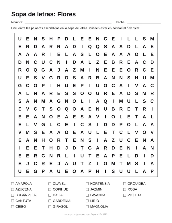 Hoja para imprimir de la sopa de letras de flores: cuadrícula de 18 × 18 letras con 18 palabras escondidas, renglones para nombre y fecha y la lista de palabras para tachar.