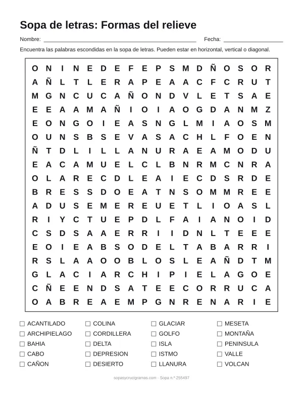 Hoja para imprimir de la sopa de letras de formas del relieve: cuadrícula de 18 × 18 letras con 20 palabras escondidas, renglones para nombre y fecha y la lista de palabras para tachar.