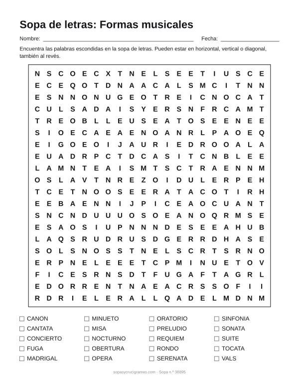 Hoja para imprimir de la sopa de letras de formas musicales: cuadrícula de 20 × 20 letras con 20 palabras escondidas, renglones para nombre y fecha y la lista de palabras para tachar.