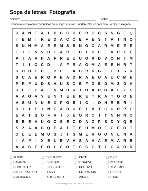 Hoja para imprimir de la sopa de letras de fotografía: cuadrícula de 19 × 19 letras con 20 palabras escondidas, renglones para nombre y fecha y la lista de palabras para tachar.