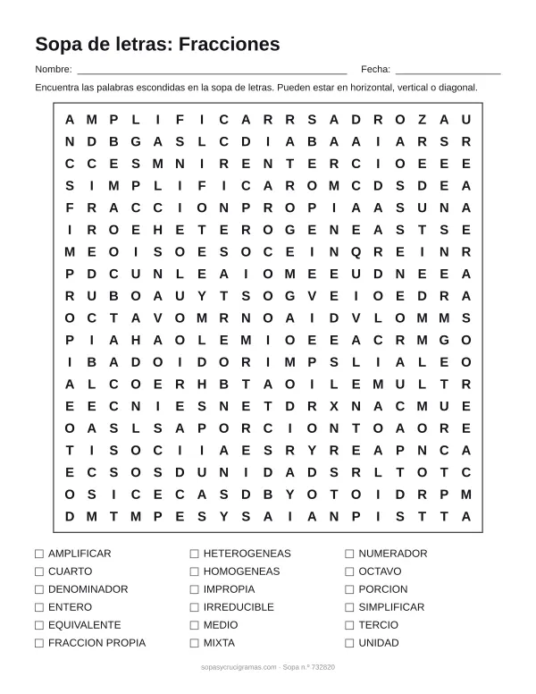 Hoja para imprimir de la sopa de letras de fracciones: cuadrícula de 19 × 19 letras con 18 palabras escondidas, renglones para nombre y fecha y la lista de palabras para tachar.