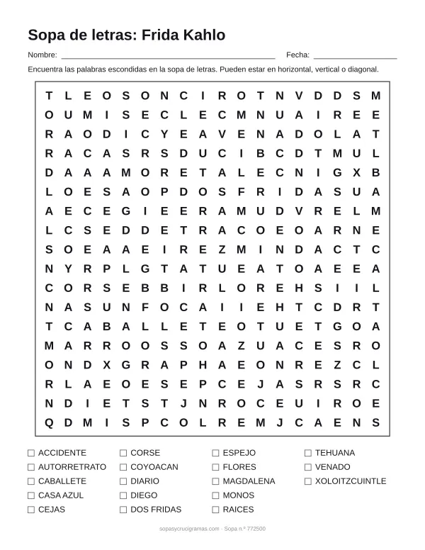Hoja para imprimir de la sopa de letras de Frida Kahlo: cuadrícula de 18 × 18 letras con 18 palabras escondidas, renglones para nombre y fecha y la lista de palabras para tachar.