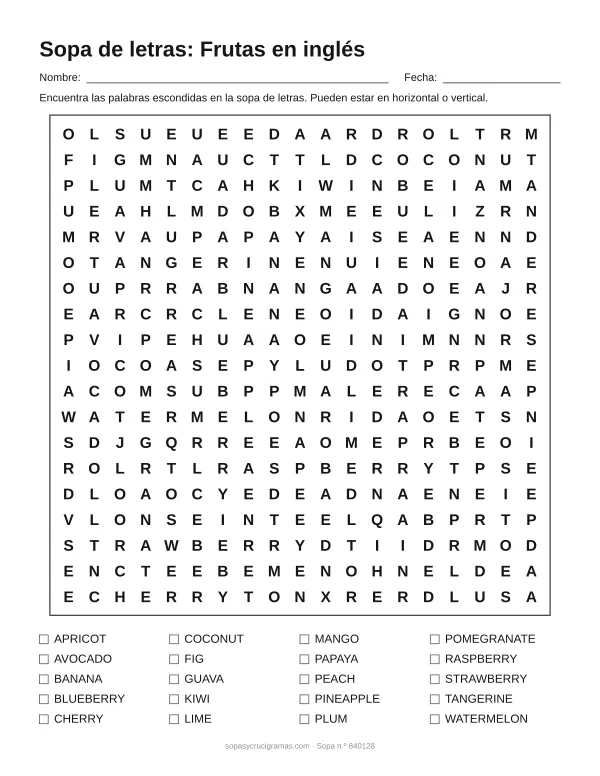 Hoja para imprimir de la sopa de letras de las frutas en inglés: cuadrícula de 19 × 19 letras con 20 palabras escondidas, renglones para nombre y fecha y la lista de palabras para tachar.