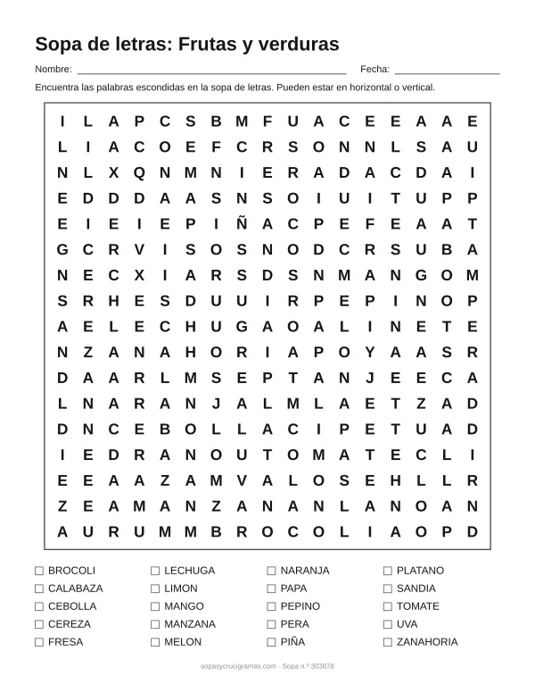 Hoja para imprimir de la sopa de letras de frutas y verduras: cuadrícula de 17 × 17 letras con 20 palabras escondidas, renglones para nombre y fecha y la lista de palabras para tachar.