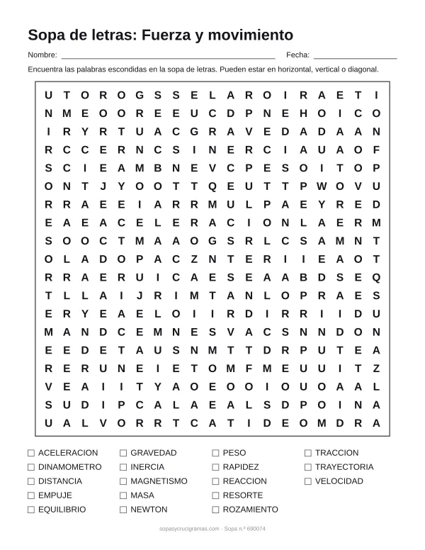 Hoja para imprimir de la sopa de letras de fuerza y movimiento: cuadrícula de 19 × 19 letras con 18 palabras escondidas, renglones para nombre y fecha y la lista de palabras para tachar.