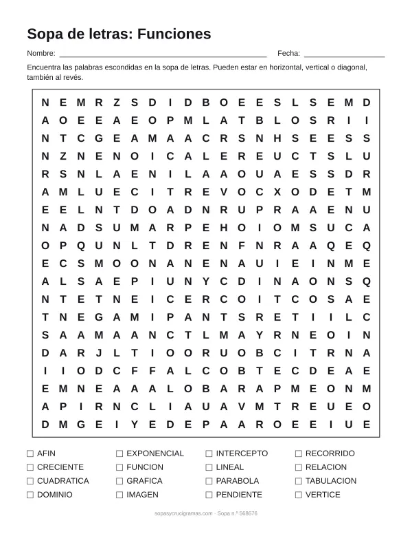 Hoja para imprimir de la sopa de letras de funciones: cuadrícula de 19 × 19 letras con 16 palabras escondidas, renglones para nombre y fecha y la lista de palabras para tachar.