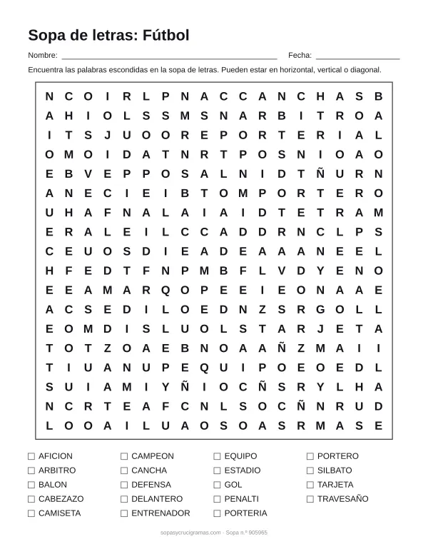Hoja para imprimir de la sopa de letras de fútbol: cuadrícula de 18 × 18 letras con 19 palabras escondidas, renglones para nombre y fecha y la lista de palabras para tachar.