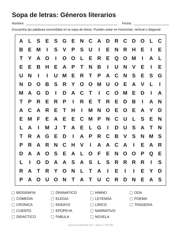Hoja para imprimir de la sopa de letras de los géneros literarios: cuadrícula de 17 × 17 letras con 18 palabras escondidas, renglones para nombre y fecha y la lista de palabras para tachar.