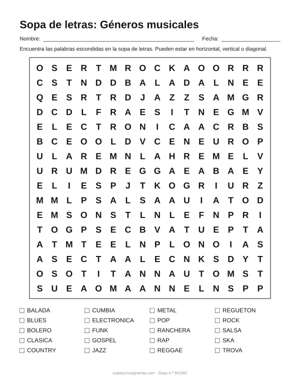 Hoja para imprimir de la sopa de letras de géneros musicales: cuadrícula de 16 × 16 letras con 20 palabras escondidas, renglones para nombre y fecha y la lista de palabras para tachar.