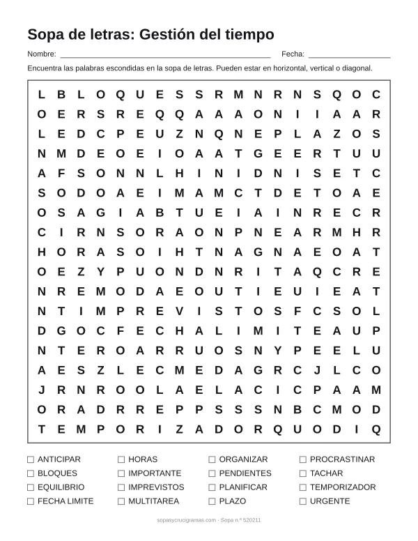 Hoja para imprimir de la sopa de letras de la gestión del tiempo: cuadrícula de 18 × 18 letras con 16 palabras escondidas, renglones para nombre y fecha y la lista de palabras para tachar.
