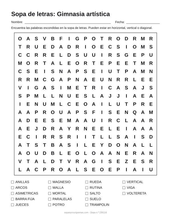Hoja para imprimir de la sopa de letras de gimnasia artística: cuadrícula de 17 × 17 letras con 18 palabras escondidas, renglones para nombre y fecha y la lista de palabras para tachar.