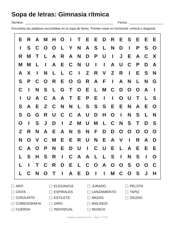 Hoja para imprimir de la sopa de letras de gimnasia rítmica: cuadrícula de 17 × 17 letras con 18 palabras escondidas, renglones para nombre y fecha y la lista de palabras para tachar.