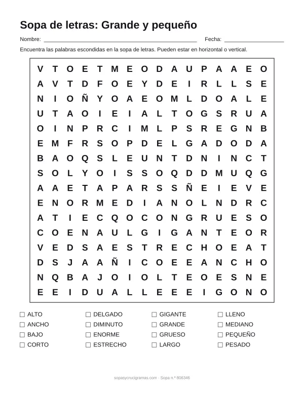 Hoja para imprimir de la sopa de letras de grande y pequeño: cuadrícula de 16 × 16 letras con 16 palabras escondidas, renglones para nombre y fecha y la lista de palabras para tachar.