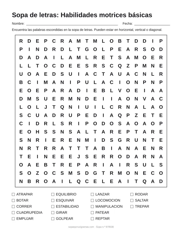 Hoja para imprimir de la sopa de letras de las habilidades motrices básicas: cuadrícula de 18 × 18 letras con 18 palabras escondidas, renglones para nombre y fecha y la lista de palabras para tachar.