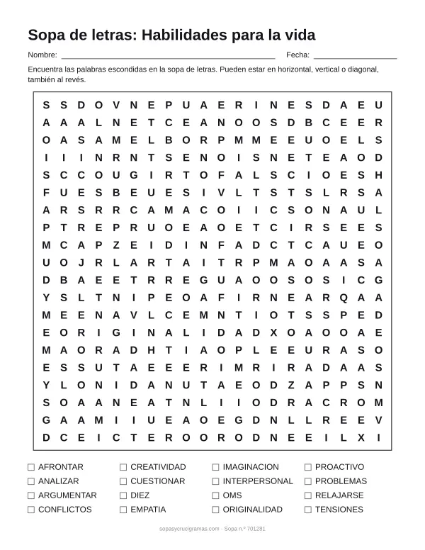 Hoja para imprimir de la sopa de letras de habilidades para la vida: cuadrícula de 20 × 20 letras con 16 palabras escondidas, renglones para nombre y fecha y la lista de palabras para tachar.