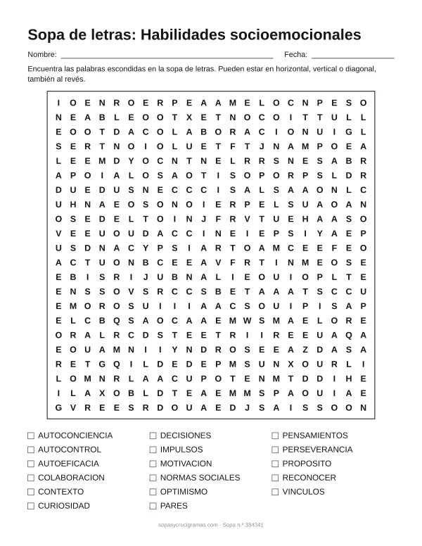 Hoja para imprimir de la sopa de letras de habilidades socioemocionales: cuadrícula de 22 × 22 letras con 17 palabras escondidas, renglones para nombre y fecha y la lista de palabras para tachar.
