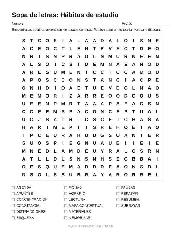 Hoja para imprimir de la sopa de letras de hábitos de estudio: cuadrícula de 18 × 18 letras con 16 palabras escondidas, renglones para nombre y fecha y la lista de palabras para tachar.