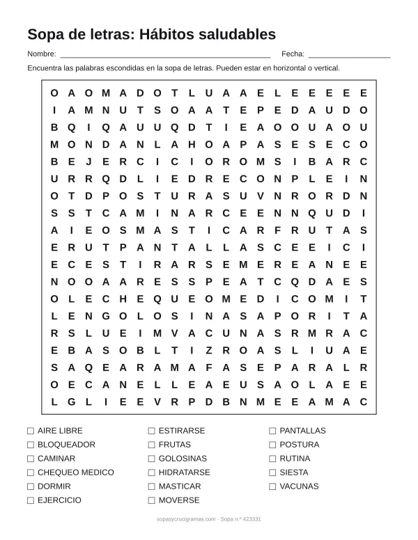Hoja para imprimir de la sopa de letras de hábitos saludables: cuadrícula de 19 × 19 letras con 17 palabras escondidas, renglones para nombre y fecha y la lista de palabras para tachar.