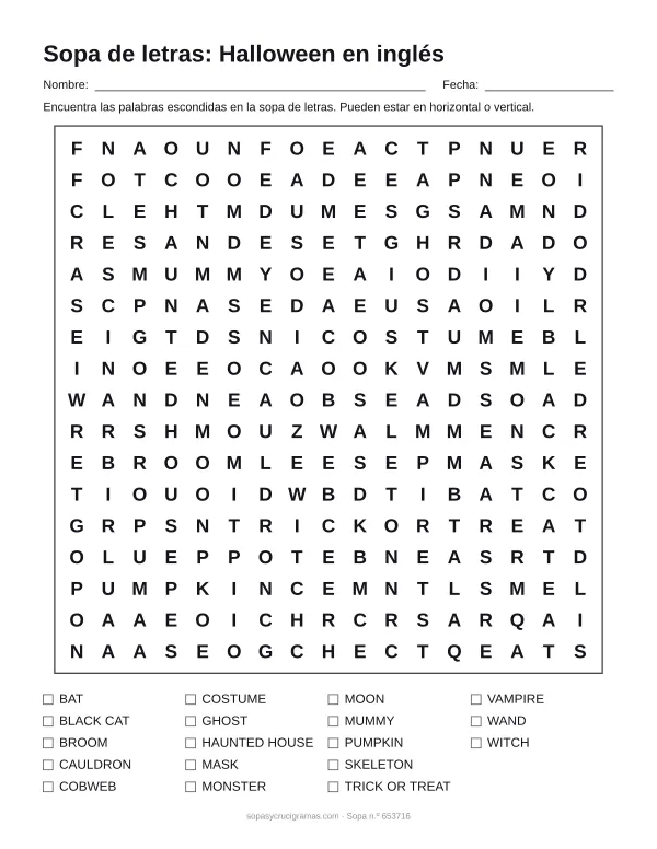 Hoja para imprimir de la sopa de letras de Halloween en inglés: cuadrícula de 17 × 17 letras con 18 palabras escondidas, renglones para nombre y fecha y la lista de palabras para tachar.