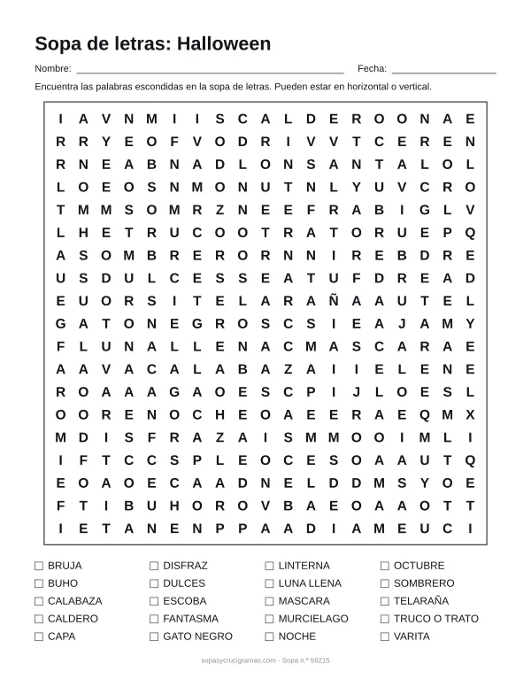 Hoja para imprimir de la sopa de letras de Halloween: cuadrícula de 19 × 19 letras con 20 palabras escondidas, renglones para nombre y fecha y la lista de palabras para tachar.