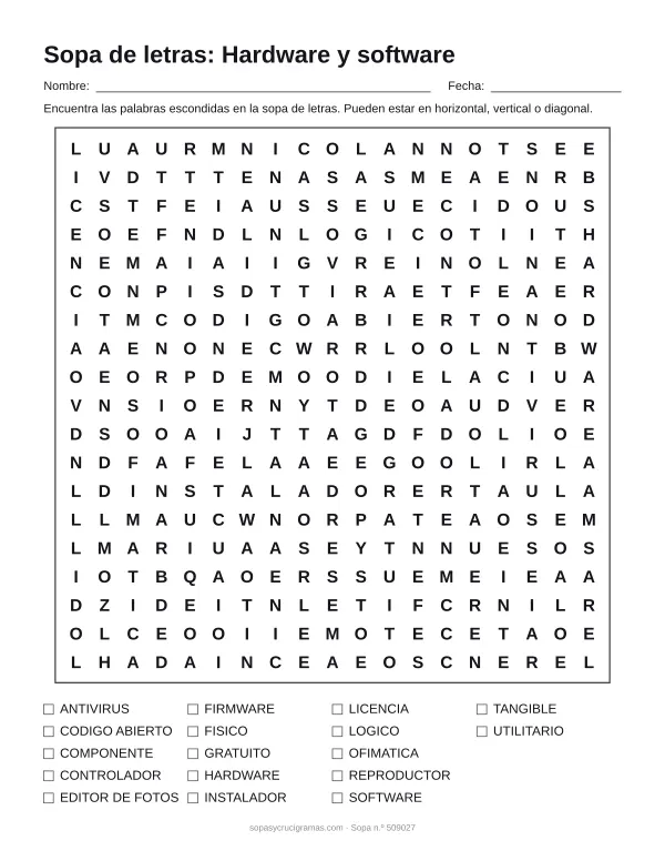 Hoja para imprimir de la sopa de letras de hardware y software: cuadrícula de 19 × 19 letras con 17 palabras escondidas, renglones para nombre y fecha y la lista de palabras para tachar.