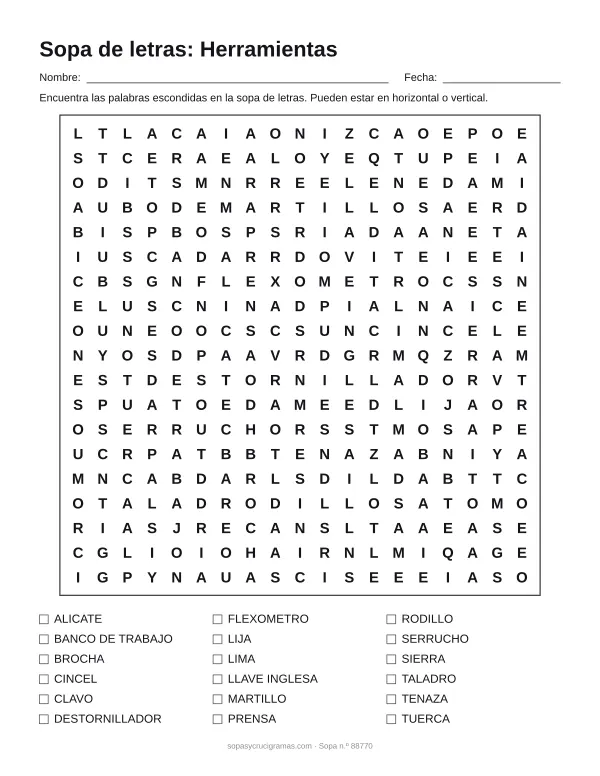 Hoja para imprimir de la sopa de letras de herramientas: cuadrícula de 19 × 19 letras con 18 palabras escondidas, renglones para nombre y fecha y la lista de palabras para tachar.