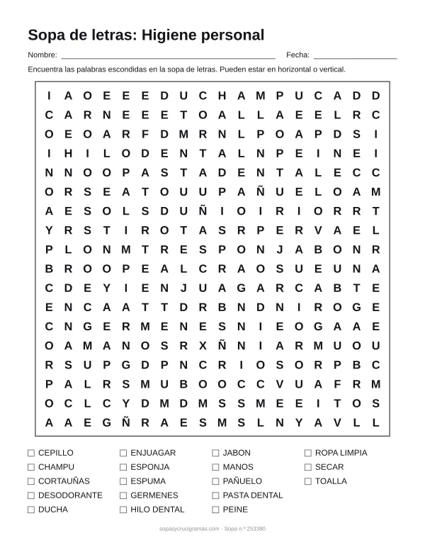 Hoja para imprimir de la sopa de letras de higiene personal: cuadrícula de 18 × 18 letras con 18 palabras escondidas, renglones para nombre y fecha y la lista de palabras para tachar.