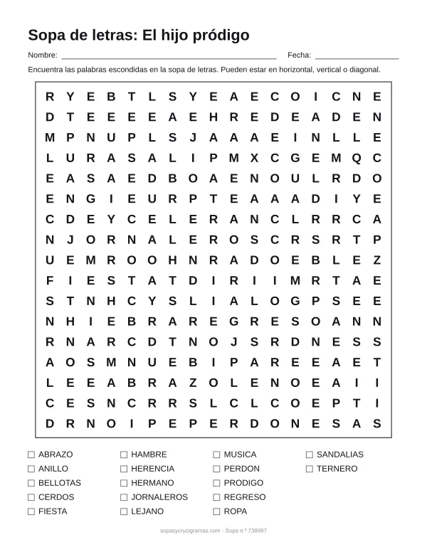 Hoja para imprimir de la sopa de letras de la parábola del hijo pródigo: cuadrícula de 17 × 17 letras con 17 palabras escondidas, renglones para nombre y fecha y la lista de palabras para tachar.
