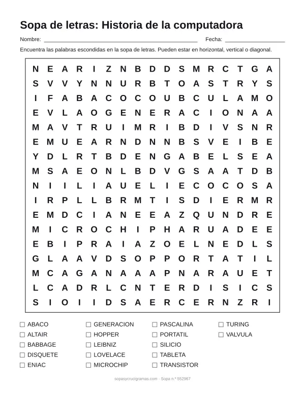 Hoja para imprimir de la sopa de letras de la historia de la computadora: cuadrícula de 17 × 17 letras con 17 palabras escondidas, renglones para nombre y fecha y la lista de palabras para tachar.