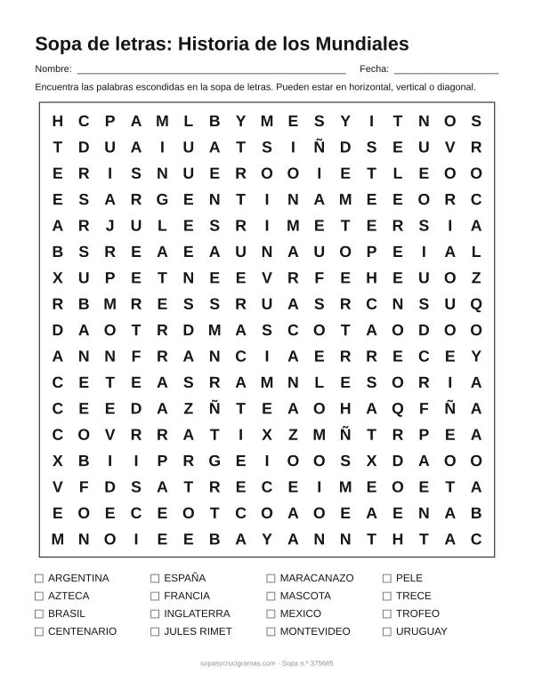 Hoja para imprimir de la sopa de letras de la historia de los Mundiales: cuadrícula de 17 × 17 letras con 16 palabras escondidas, renglones para nombre y fecha y la lista de palabras para tachar.